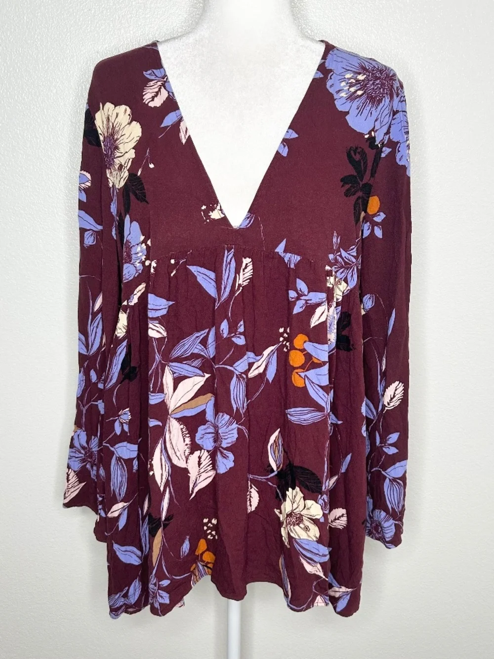 Free People Womens Maroon & Purple Floral V-Neck Smocked Long Sleeve Tunic Top L - Picture 1 of 10